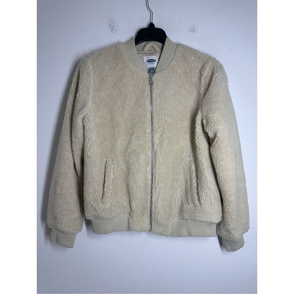 Old Navy Women’s Oatmeal Sherpa Lined Bomber Zip Up Jacket Coat Pockets Size L
